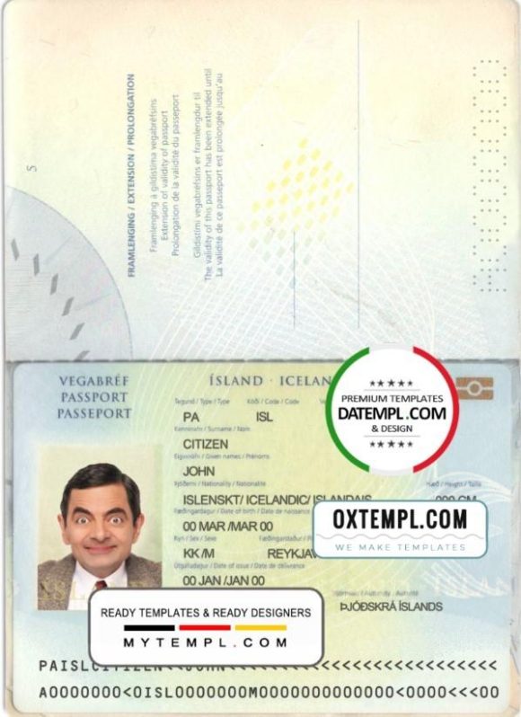 editable template, Iceland passport template in PSD format, fully editable, with all fonts