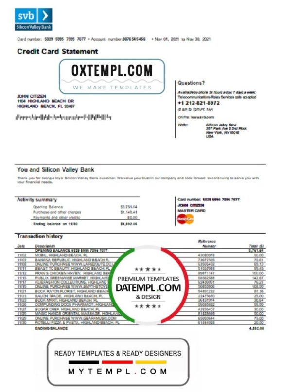 editable template, USA Florida Silicon Valley bank credit card statement template in Word and PDF format