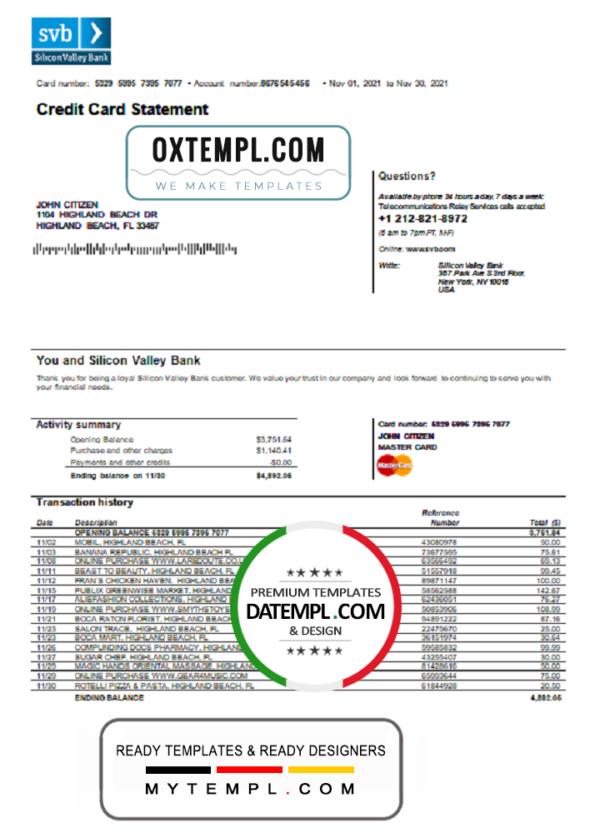 editable template, USA Florida Silicon Valley bank credit card statement template in Word and PDF format