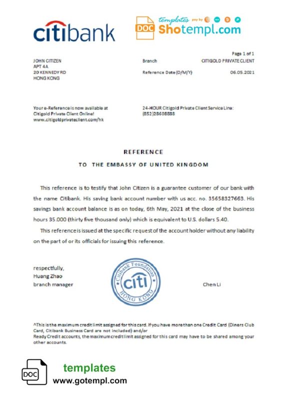 editable template, Hong Kong Citibank reference letter template in Word and PDF format