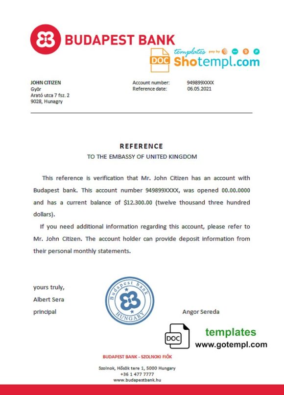 editable template, Hungary Budapest bank reference letter template in Word and PDF format