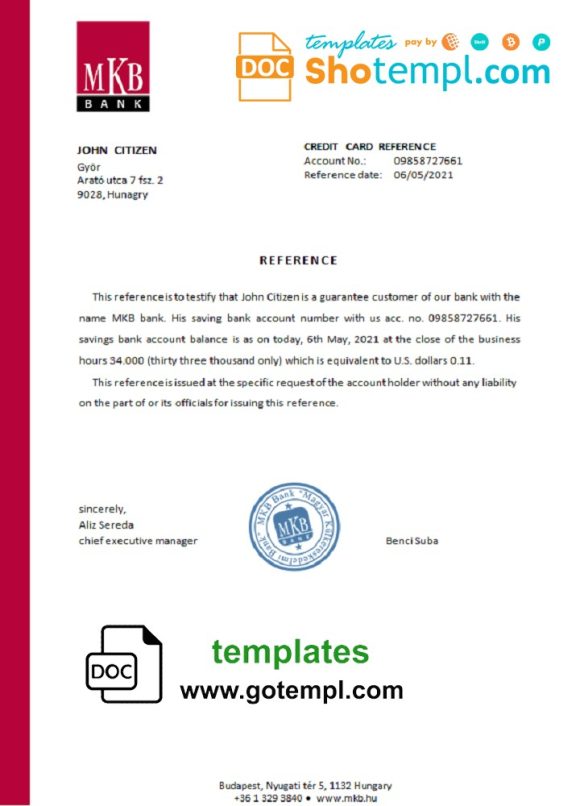 editable template, Hungary MKB bank reference letter template in Word and PDF format