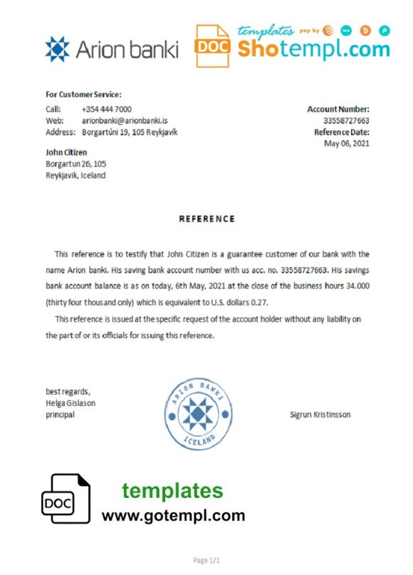 editable template, Iceland Arion bank reference letter template in Word and PDF format