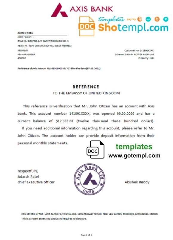 editable template, India Axis bank reference letter template in Word and PDF format
