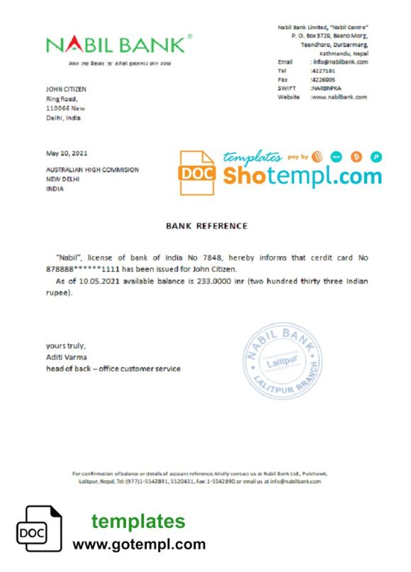 editable template, India Nabil bank reference letter template in Word and PDF format
