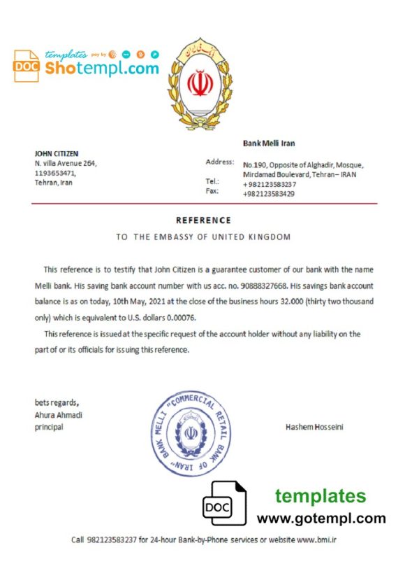 editable template, Iran Melli bank reference letter template in Word and PDF format