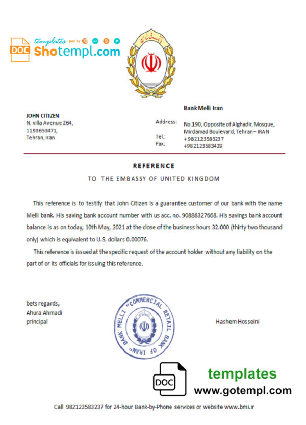 editable template, Iran Melli bank reference letter template in Word and PDF format