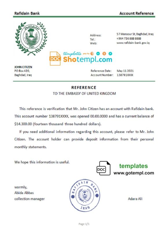 editable template, Iraq Rafidain bank account reference letter template in Word and PDF format