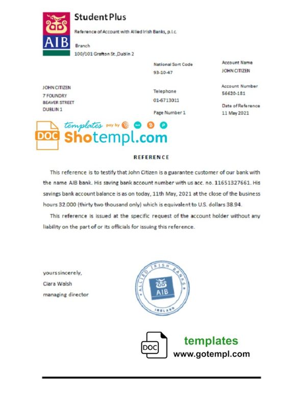 editable template, Ireland AIB bank account reference letter template in Word and PDF format