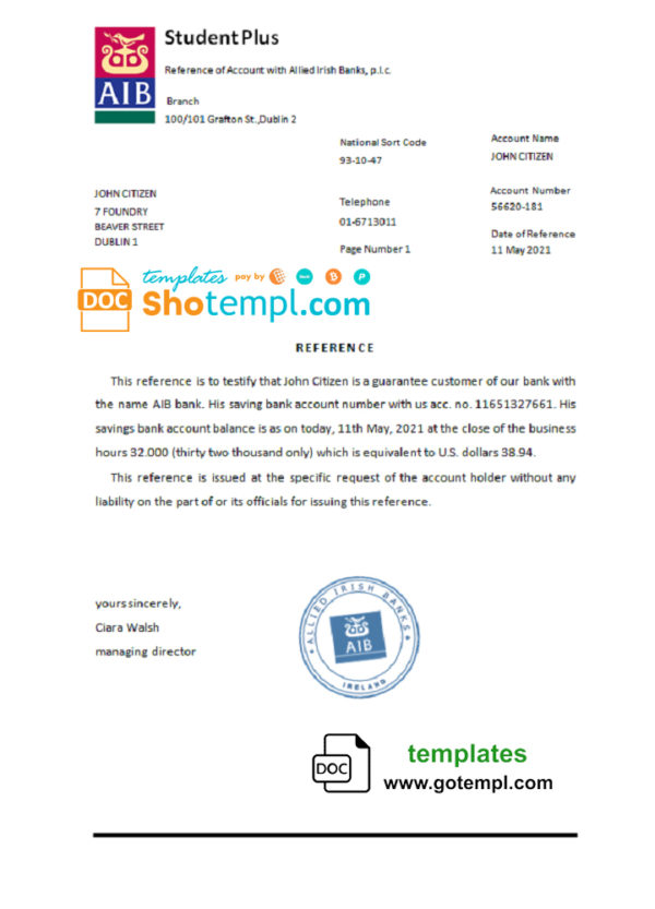 editable template, Ireland AIB bank account reference letter template in Word and PDF format