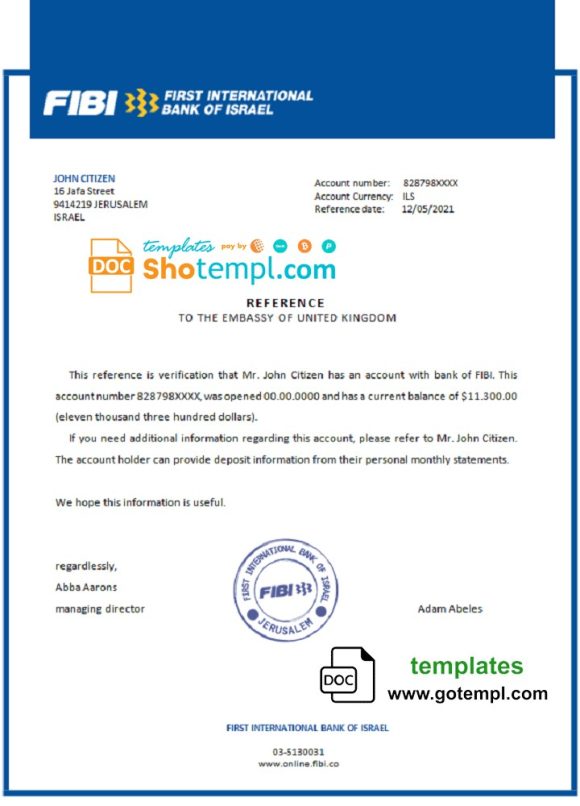 editable template, Israel First International Bank of Israel bank account reference letter template in Word and PDF format