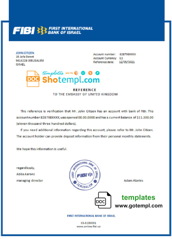 editable template, Israel First International Bank of Israel bank account reference letter template in Word and PDF format