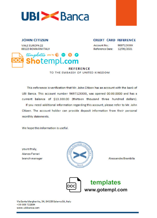 editable template, Italy UBI bank account reference letter template in Word and PDF format