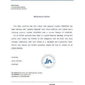 editable template, Jamaica National bank account reference letter template in Word and PDF format