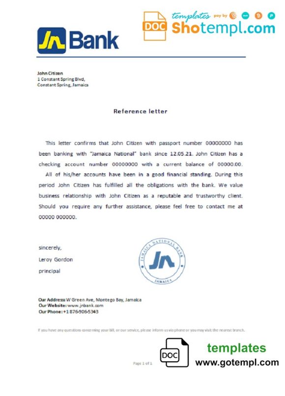 editable template, Jamaica National bank account reference letter template in Word and PDF format