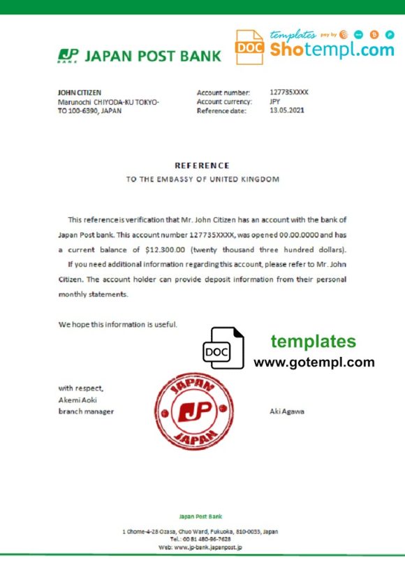 editable template, Japan Post bank account reference letter template in Word and PDF format