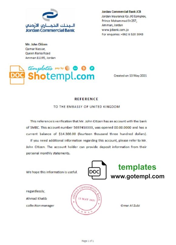 editable template, Jordan Commercial bank account reference letter template in Word and PDF format