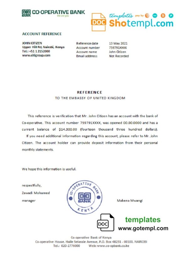 editable template, Kenya Co-operative bank account reference letter template in Word and PDF format