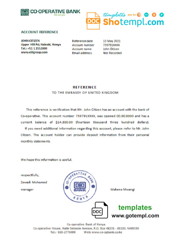 editable template, Kenya Co-operative bank account reference letter template in Word and PDF format