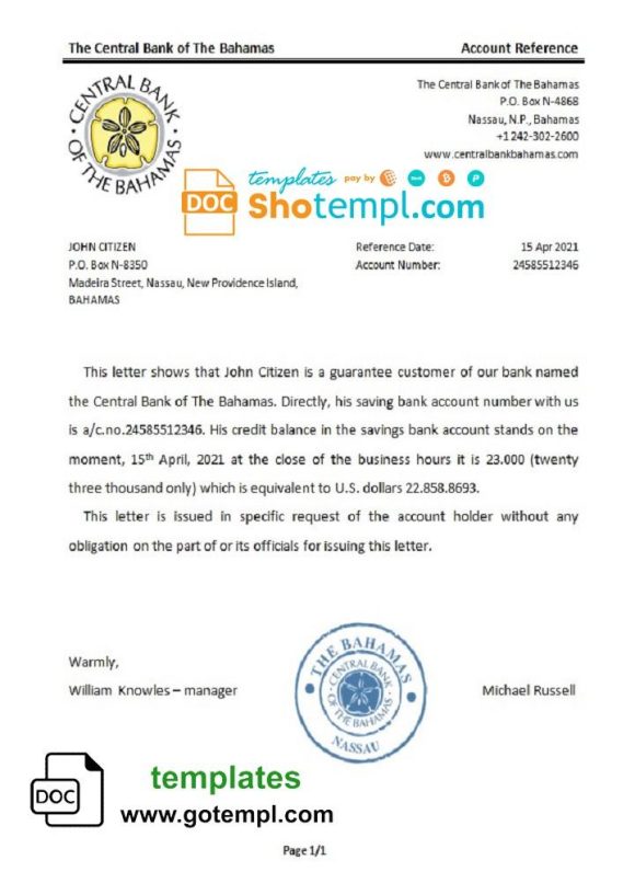 editable template, The Bahamas The Central Bank of The Bahamas bank reference letter template in Word and PDF format