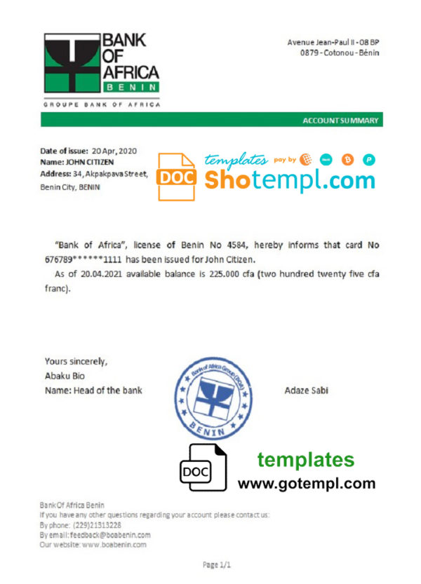 editable template, Benin Bank of Africa bank reference letter template in Word and PDF format
