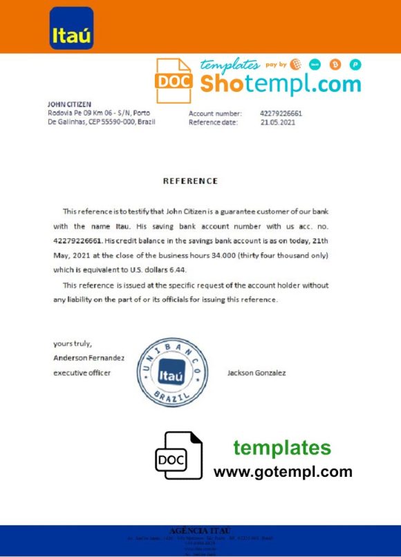 editable template, Brazil Itau bank account reference letter template in Word and PDF format