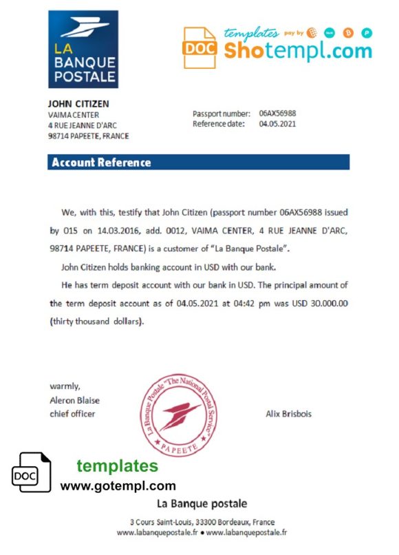 editable template, France La Banque Postale bank account reference letter template in Word and PDF format