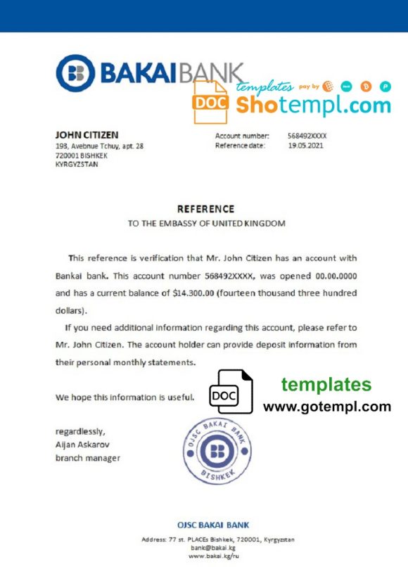 editable template, Kyrgyzstan OJSC Bakai Bank bank account reference letter template in Word and PDF format