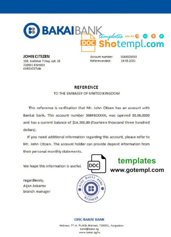 editable template, Kyrgyzstan OJSC Bakai Bank bank account reference letter template in Word and PDF format