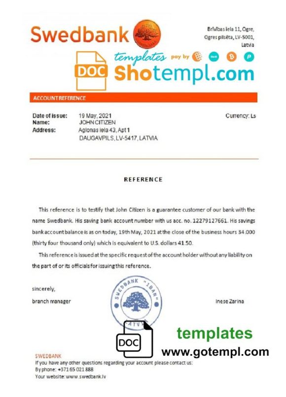editable template, Latvia Swedbank bank reference letter template in Word and PDF format