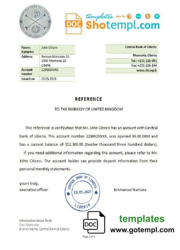 editable template, Liberia Central Bank of Liberia bank reference letter template in Word and PDF format