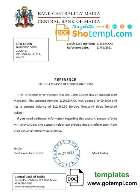 editable template, Malta Central Bank of Malta bank reference letter template in Word and PDF format