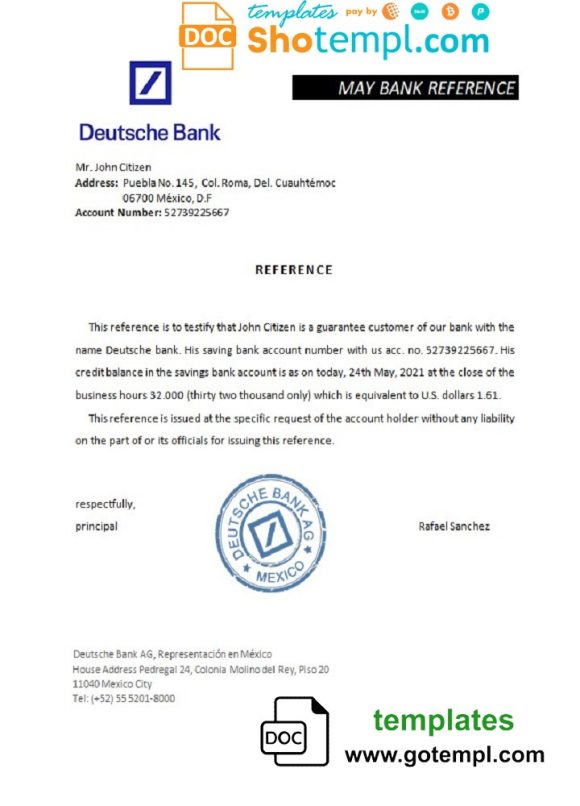 editable template, Mexico Deutsche Bank bank reference letter template in Word and PDF format