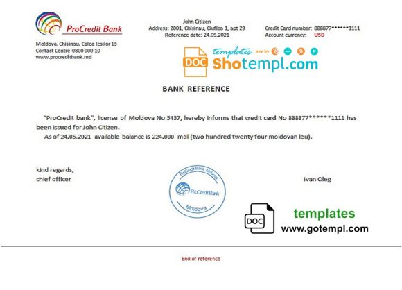 editable template, Moldova ProCredit Bank bank reference letter template in Word and PDF format