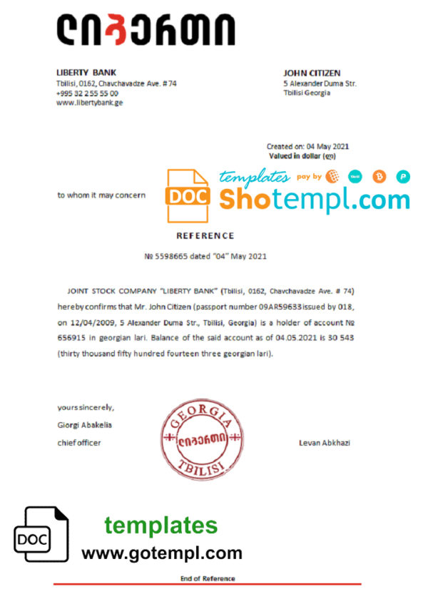 editable template, Georgia Liberty bank account reference letter template in Word and PDF format