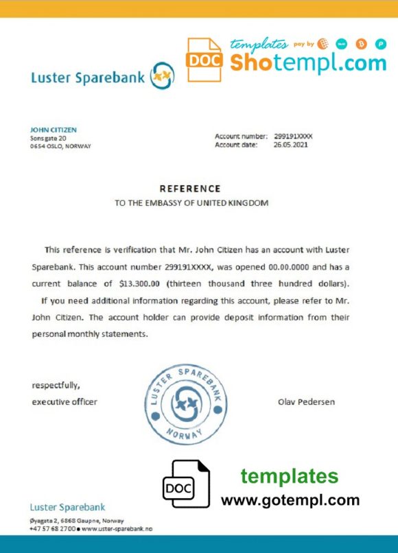 editable template, Norway Luster Sparebank bank account reference letter template in Word and PDF format