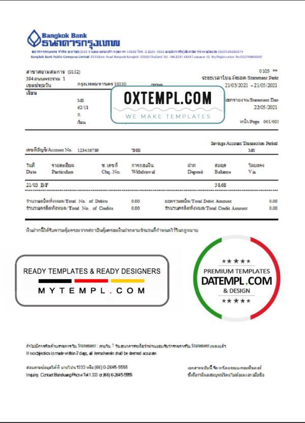 editable template, Thailand Bangkok bank account statement template in Word and PDF format