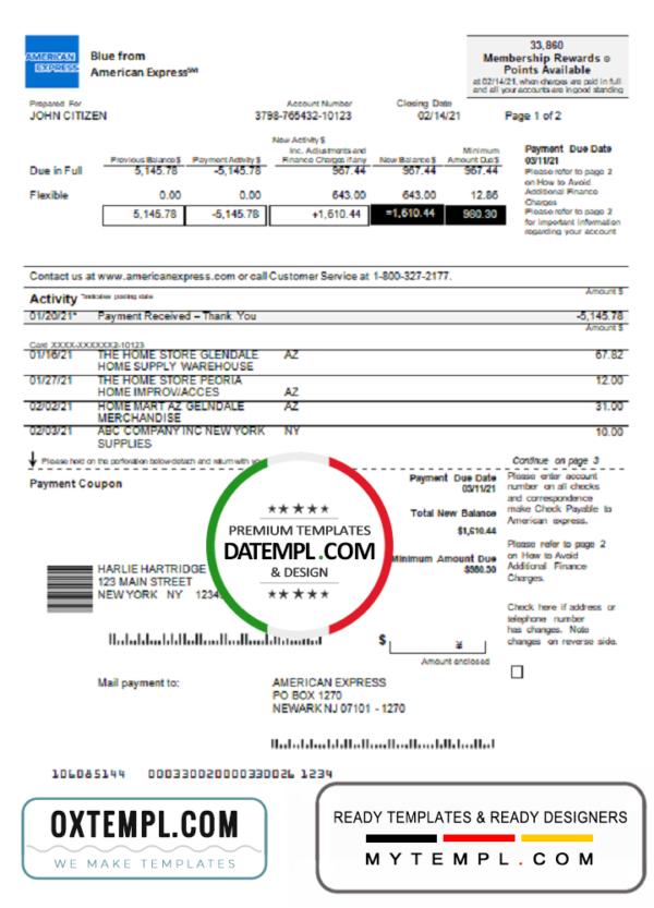 editable template, USA New York American Express Blue bank statement in Word and PDF format