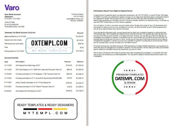 editable template, USA California Varo bank statement template in Word and PDF format, 2 pages