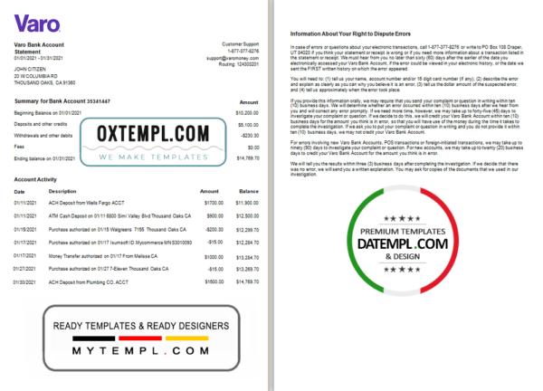 editable template, USA California Varo bank statement template in Word and PDF format, 2 pages