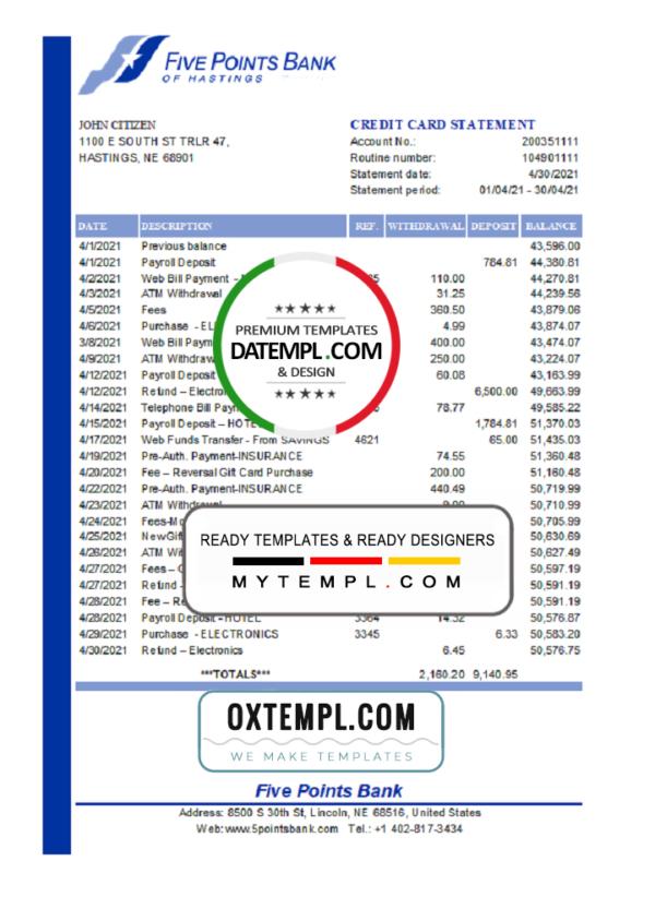 editable template, USA Nebraska Five Points Bank statement template in Excel and PDF format