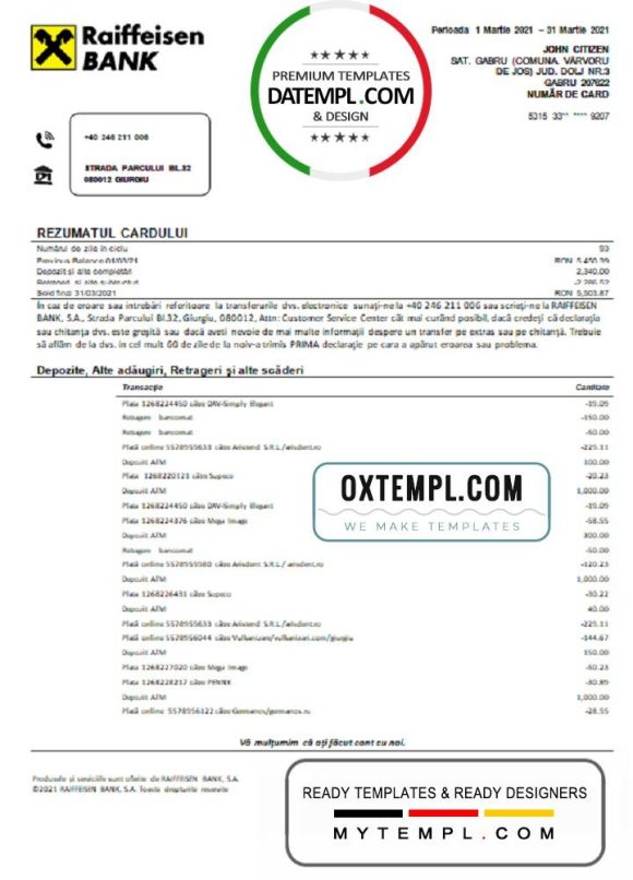 editable template, Romania Raiffeisen bank statement template in Word and PDF format (in Romanian language)