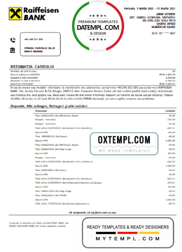 editable template, Romania Raiffeisen bank statement template in Word and PDF format (in Romanian language)