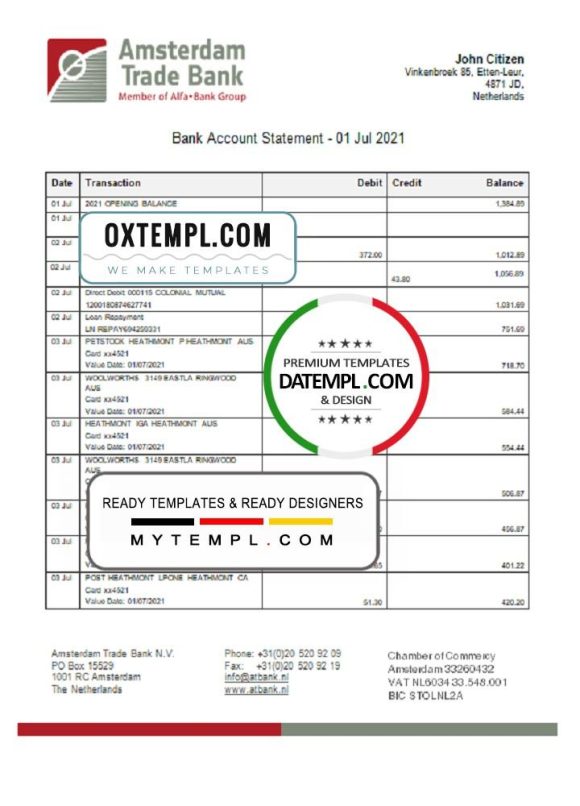 editable template, Netherlands Amsterdam Trade Bank statement template in Word and PDF format