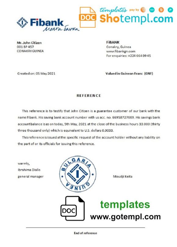 editable template, Guinea Fibank bank account reference letter template in Word and PDF format
