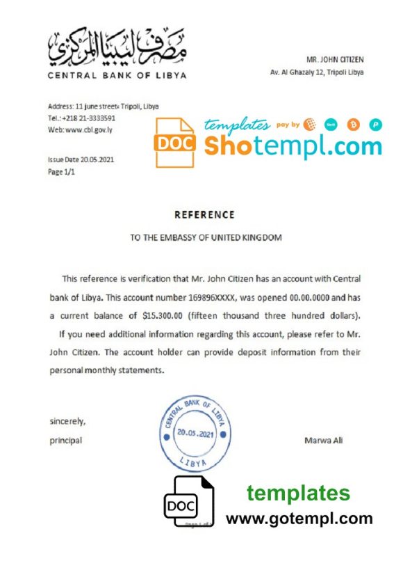 editable template, Libya Central Bank of Libya bank reference letter template in Word and PDF format