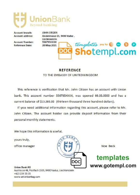 editable template, Liechtenstein Union Bank bank reference letter template in Word and PDF format