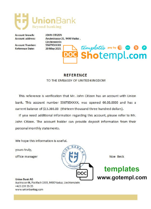editable template, Liechtenstein Union Bank bank reference letter template in Word and PDF format