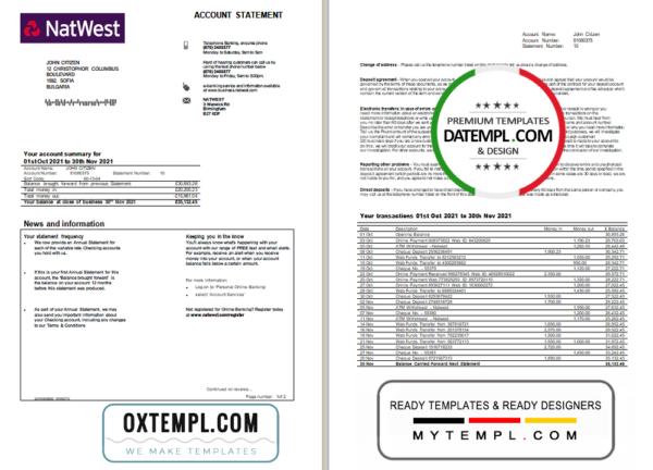 editable template, United Kingdom NatWest bank account statement template in Word and PDF format, 2 pages