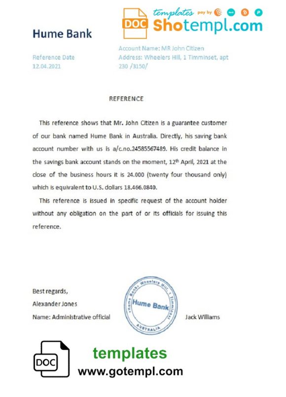 editable template, Australia Hume bank reference letter template in Word and PDF format